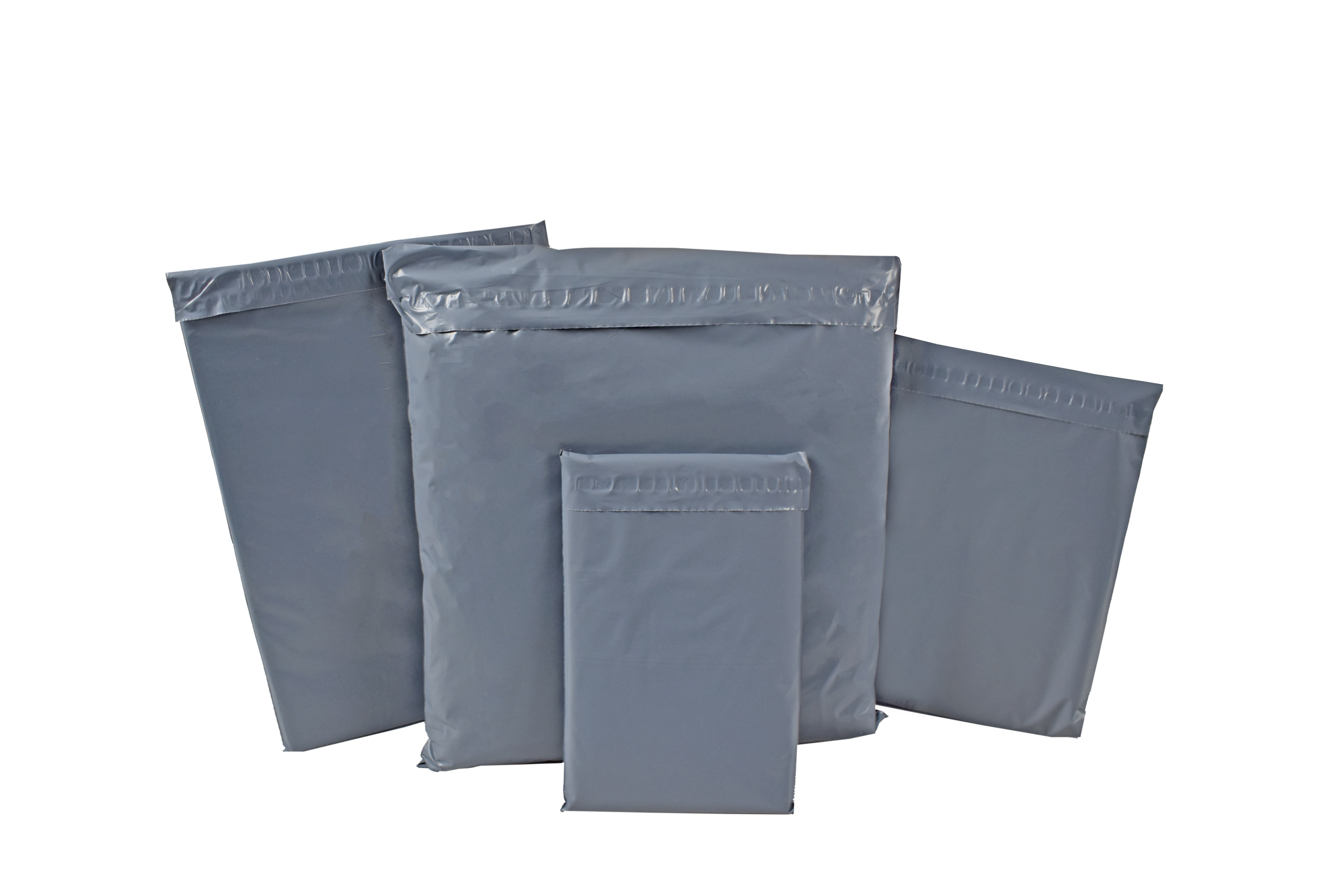 A selection of grey recyclable mailing envelopes on a white background.